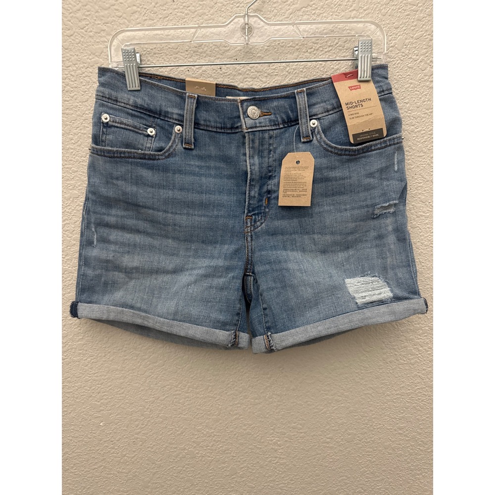 NWT Levi's Mid-Length Shorts 28 Blue Distressed Mid Rise Slim Hip Cuffed Denim
